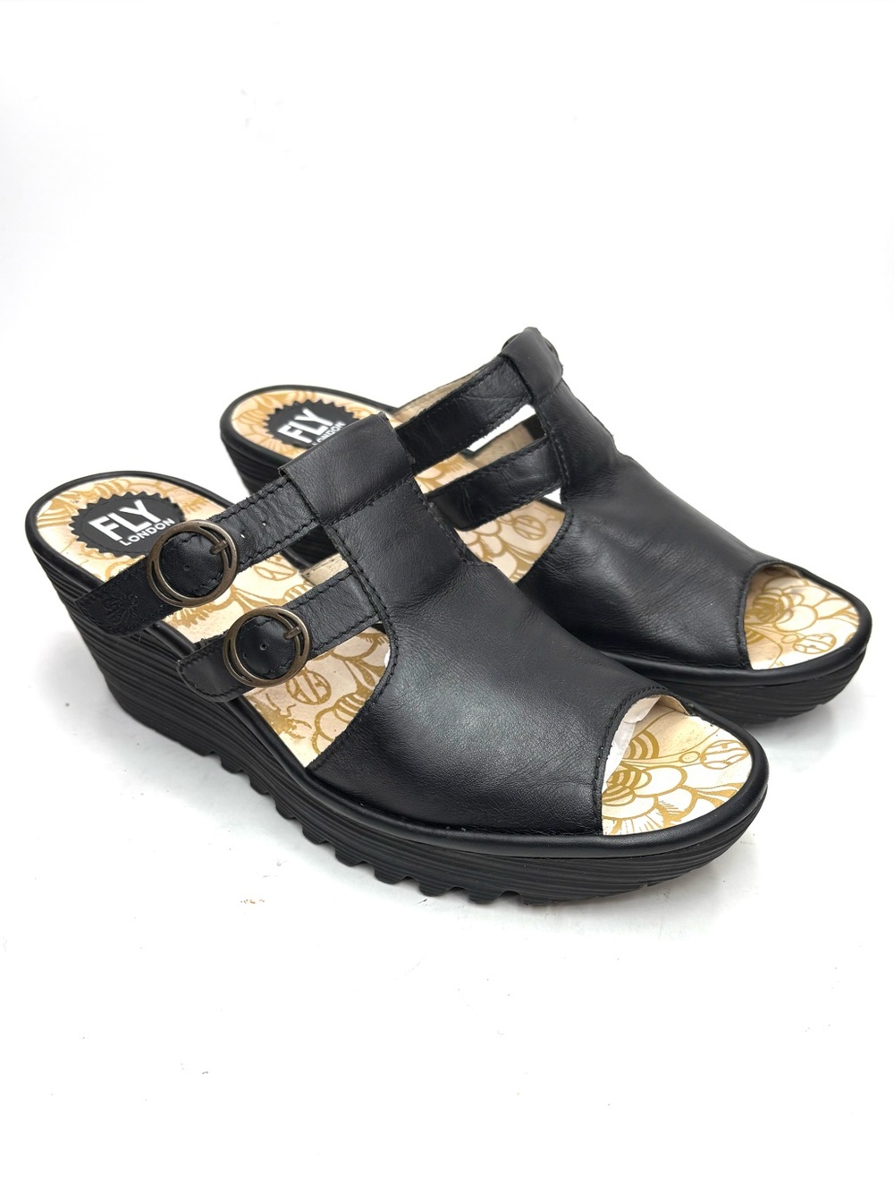 Fly London Black Leather Wedge Slides | 41